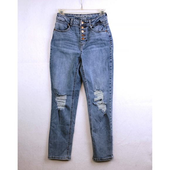 Vanilla Star Denim - Vanilla Star Mom Jeans Blue Mid Rise Distressed Button Fly Junior's Size 3
